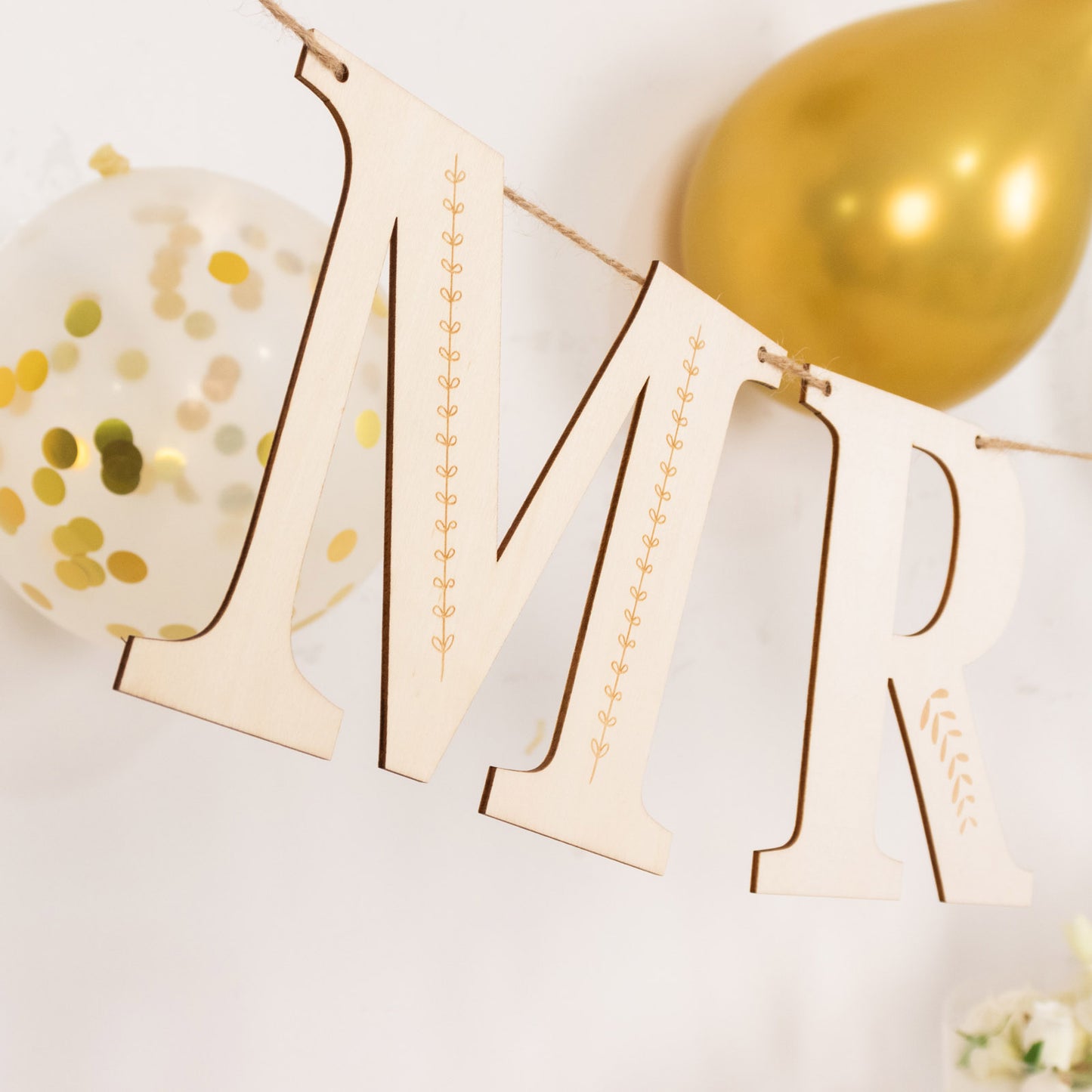 10ft Natural Pre-Strung Mr & Mrs Wooden Letter Banner with Botanical Design, Handmade Rustic Wedding Anniversary Garland