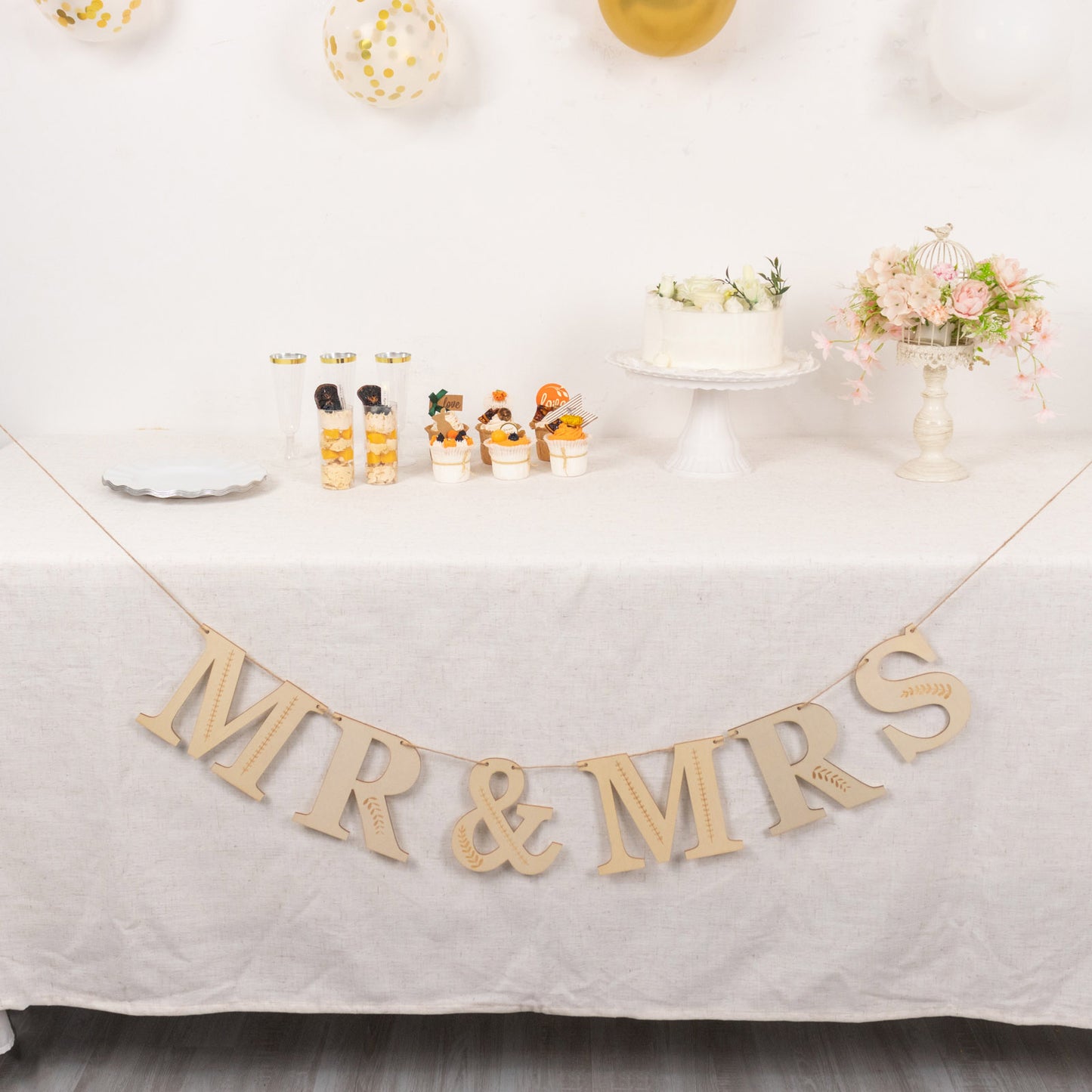 10ft Natural Pre-Strung Mr & Mrs Wooden Letter Banner with Botanical Design, Handmade Rustic Wedding Anniversary Garland