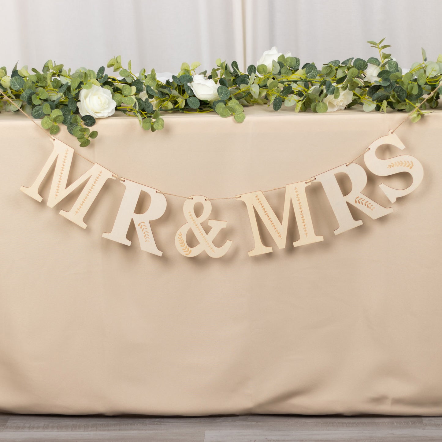 10ft Natural Pre-Strung Mr & Mrs Wooden Letter Banner with Botanical Design, Handmade Rustic Wedding Anniversary Garland