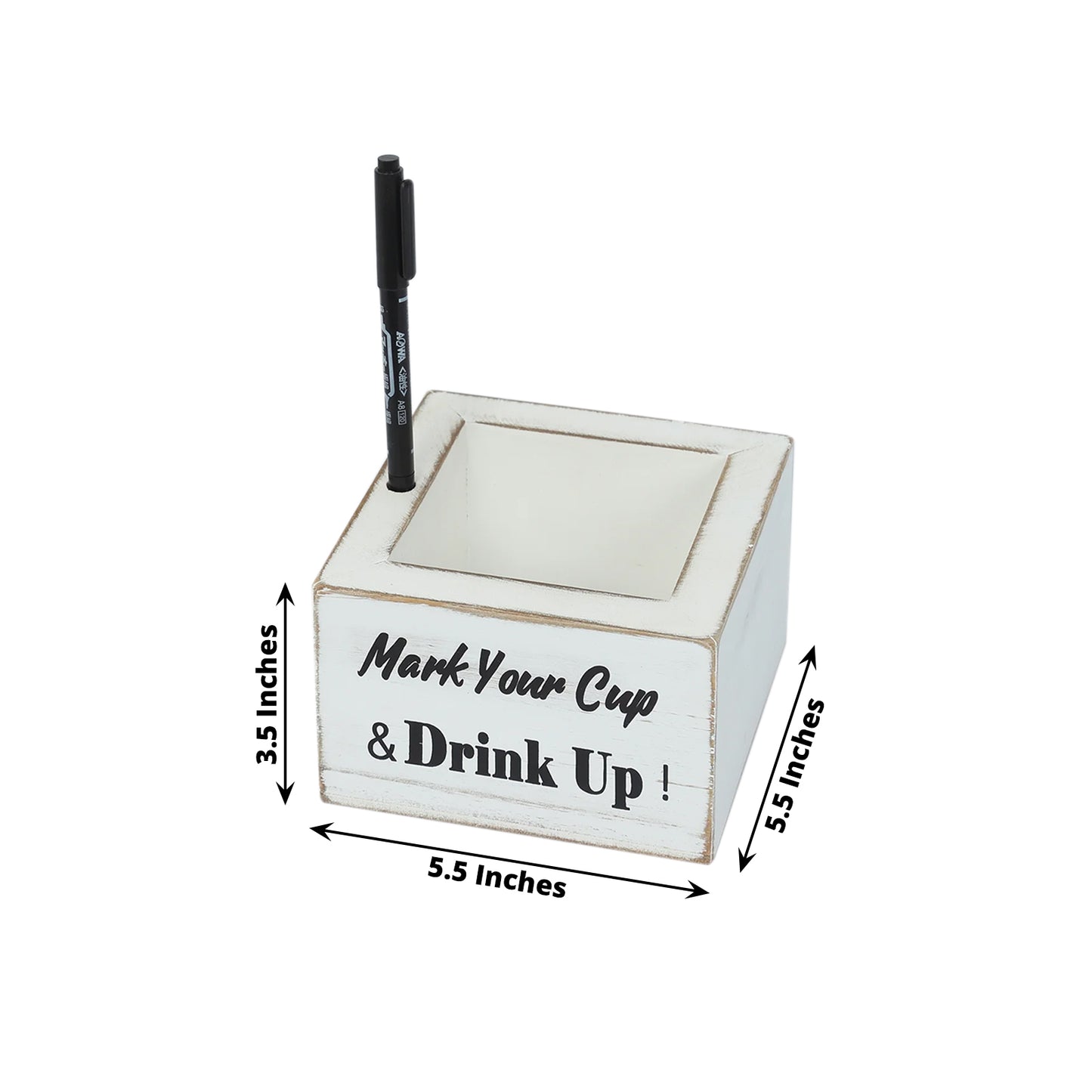 Whitewashed Wooden Solo Cup Holder with Black Marker Pen, 5.5" Square Rustic Farmhouse Party Cup Dispenser Box with Mark Your Cup and Drink Up Print