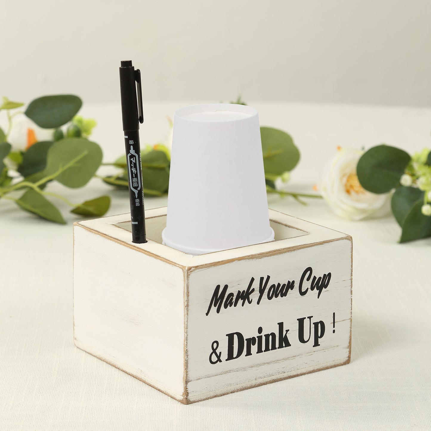 Whitewashed Wooden Solo Cup Holder with Black Marker Pen, 5.5" Square Rustic Farmhouse Party Cup Dispenser Box with Mark Your Cup and Drink Up Print