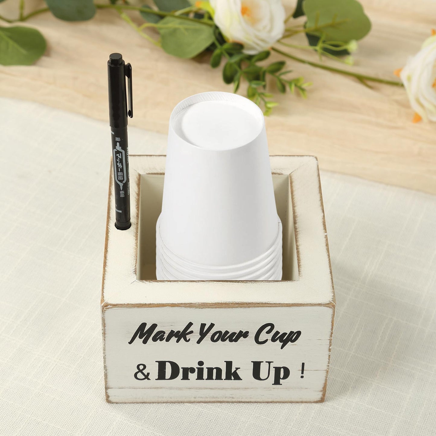 Whitewashed Wooden Solo Cup Holder with Black Marker Pen, 5.5" Square Rustic Farmhouse Party Cup Dispenser Box with Mark Your Cup and Drink Up Print