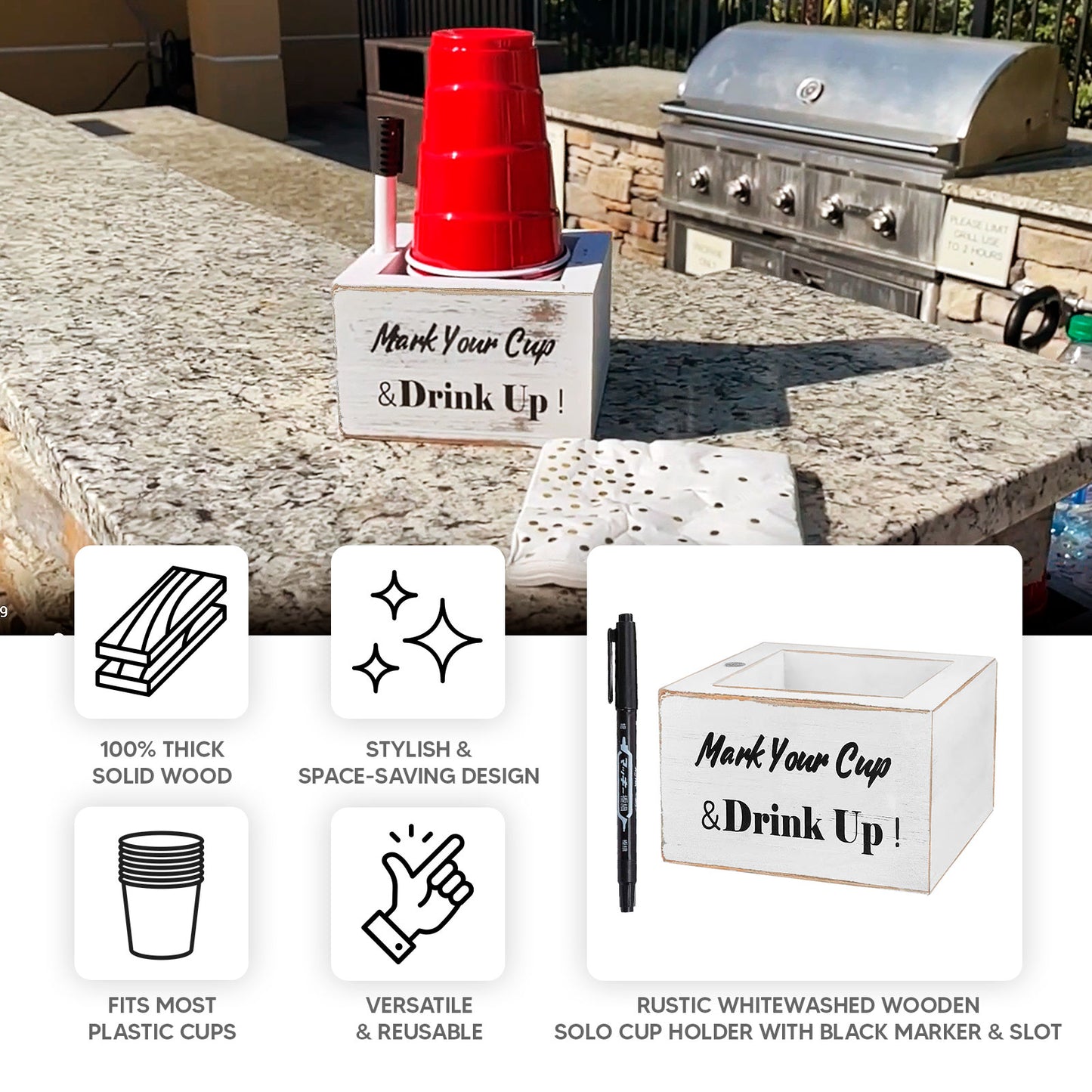 Whitewashed Wooden Solo Cup Holder with Black Marker Pen, 5.5" Square Rustic Farmhouse Party Cup Dispenser Box with Mark Your Cup and Drink Up Print