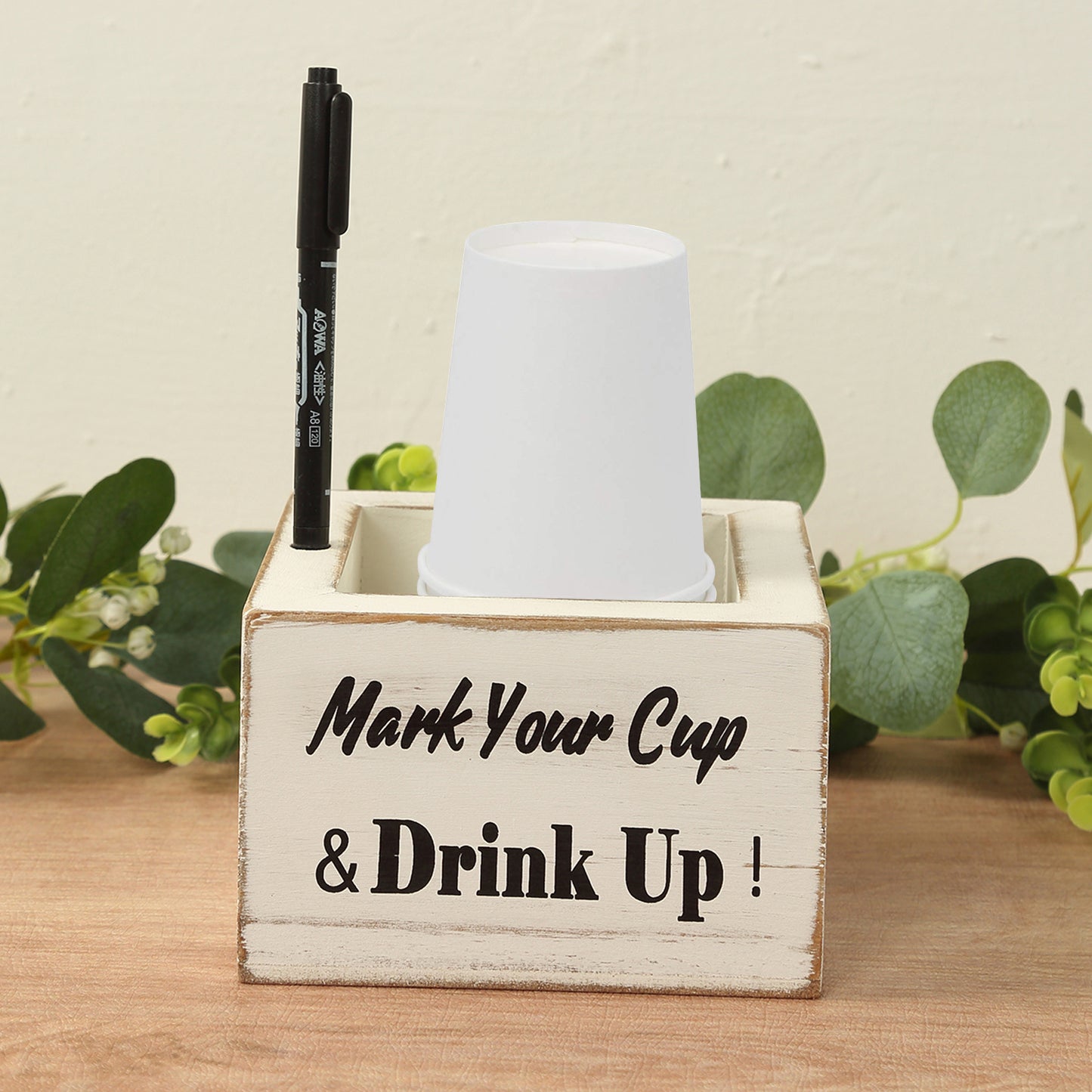 Whitewashed Wooden Solo Cup Holder with Black Marker Pen, 5.5" Square Rustic Farmhouse Party Cup Dispenser Box with Mark Your Cup and Drink Up Print