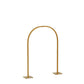 Gold metal wedding cake display stand with rounded top and detachable base.