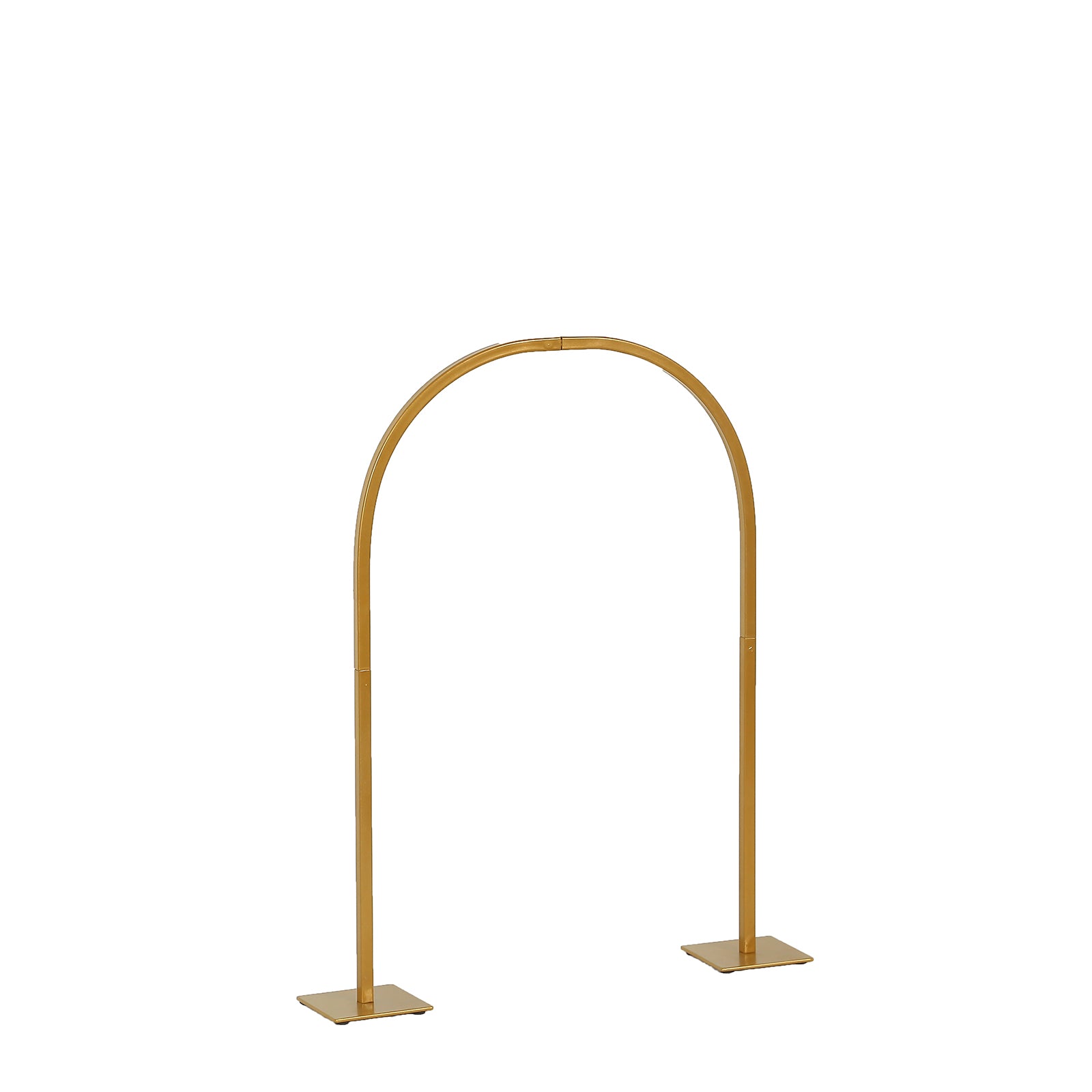 Gold metal wedding cake display stand with rounded top and detachable base.