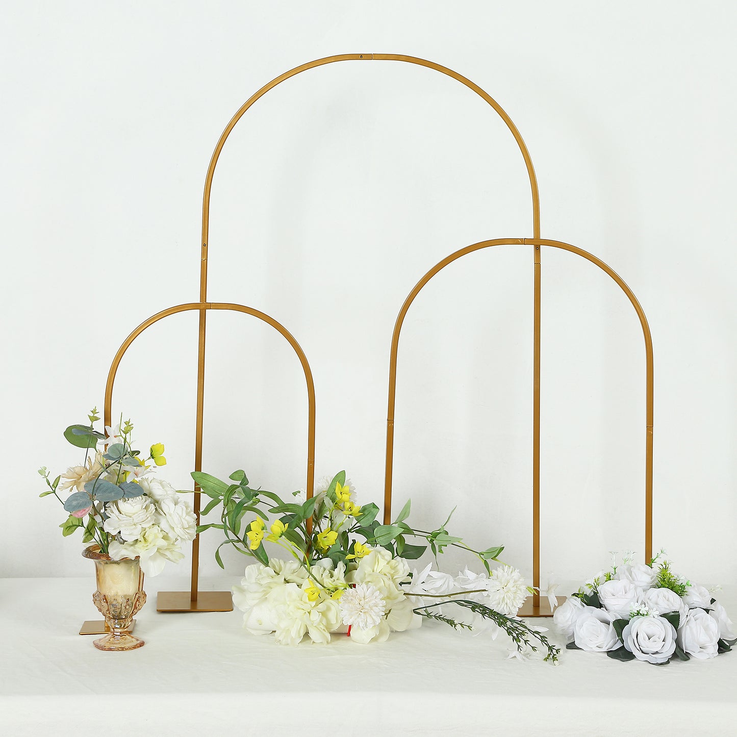 35" Gold Metal Chiara Arch Wedding Cake Display Stand with Rounded Top, Flower Balloon Frame Table Centerpiece with Detachable Base