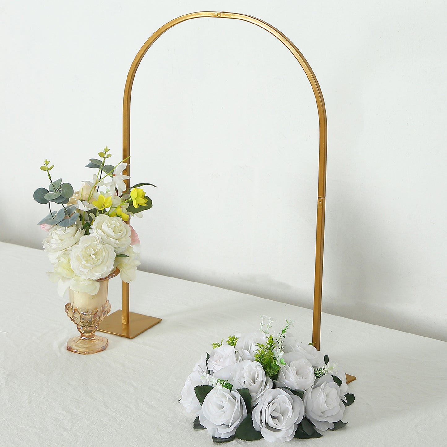 35" Gold Metal Chiara Arch Wedding Cake Display Stand with Rounded Top, Flower Balloon Frame Table Centerpiece with Detachable Base