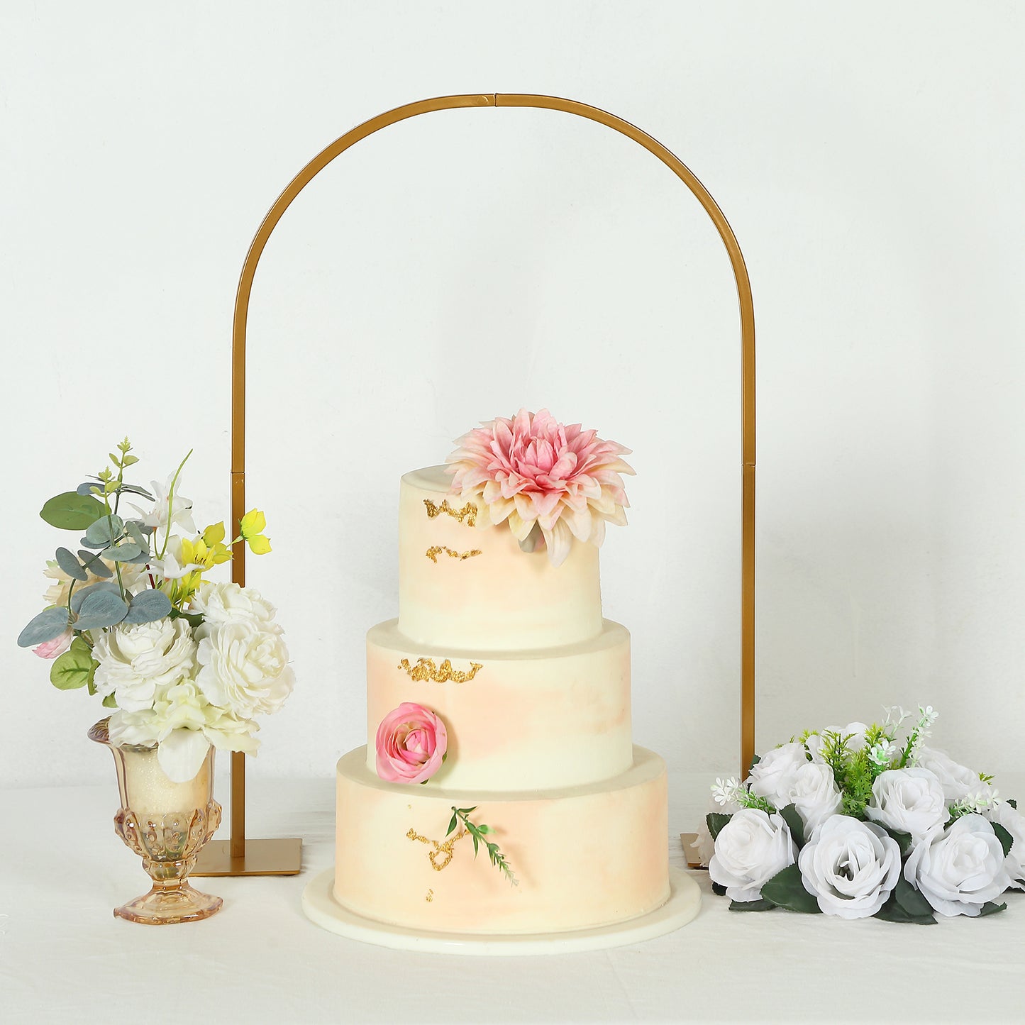 35" Gold Metal Chiara Arch Wedding Cake Display Stand with Rounded Top, Flower Balloon Frame Table Centerpiece with Detachable Base