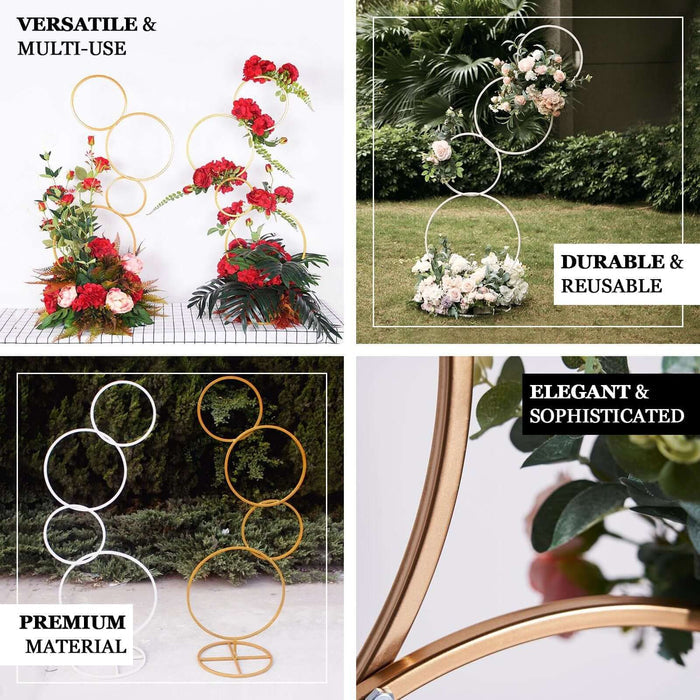 Gold 4-tiered hoop flower stand with floral arrangements, ideal for weddings.