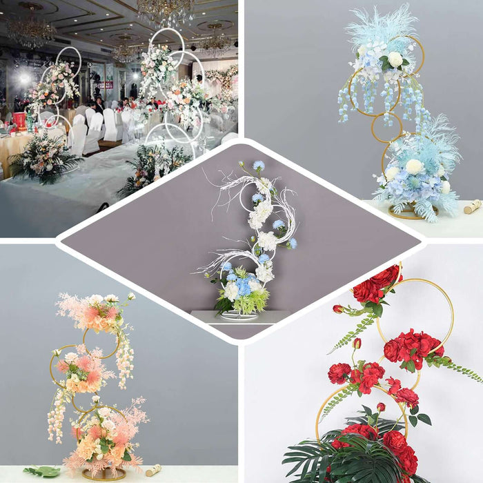 Gold 4-tiered hoop flower stand centerpiece for weddings and events.
