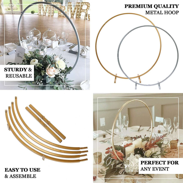 Gold metal round hoop wedding centerpiece for floral arrangements.