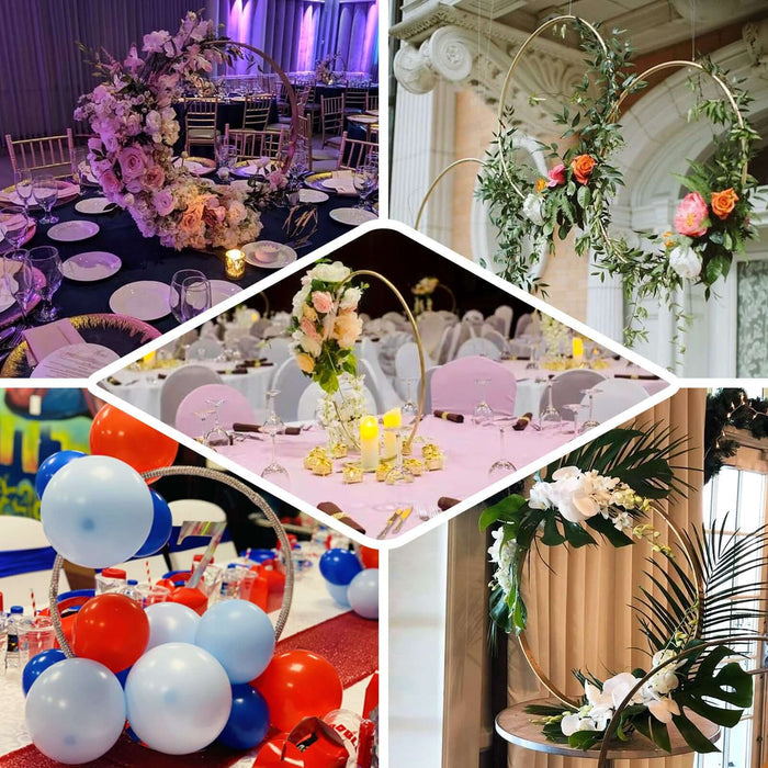 Gold metal round hoop wedding centerpiece for floral arrangements.
