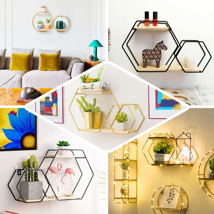 Gold 2-tier round floating shelf for displaying desserts and plants.