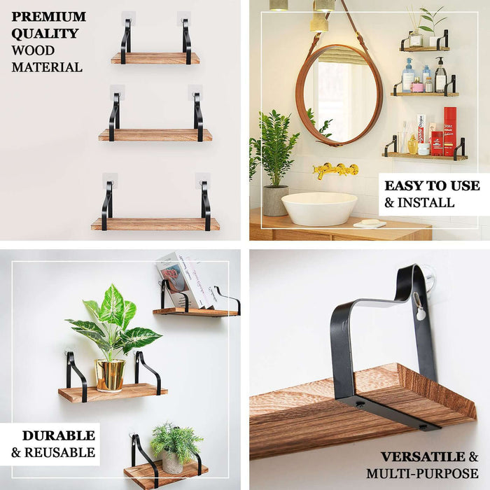 3 Pack | Wood/Metal Floating Wall Shelves Wall Mounted Shelf Set Decor