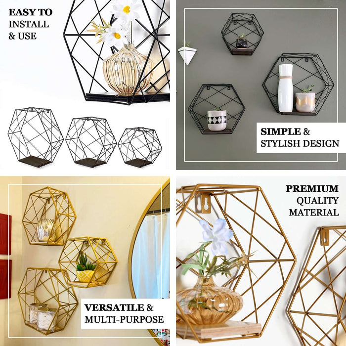 3 Pack Gold Hexagonal Floating Wall Shelves, Decorative Geometric Wall Mounted Shelves - 9"|12"|14"