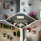 Black hexagonal floating wall shelves in various decorative arrangements.