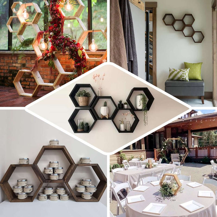 Whitewashed hexagon wood centerpiece, geometric terrarium, honeycomb storage shelf.