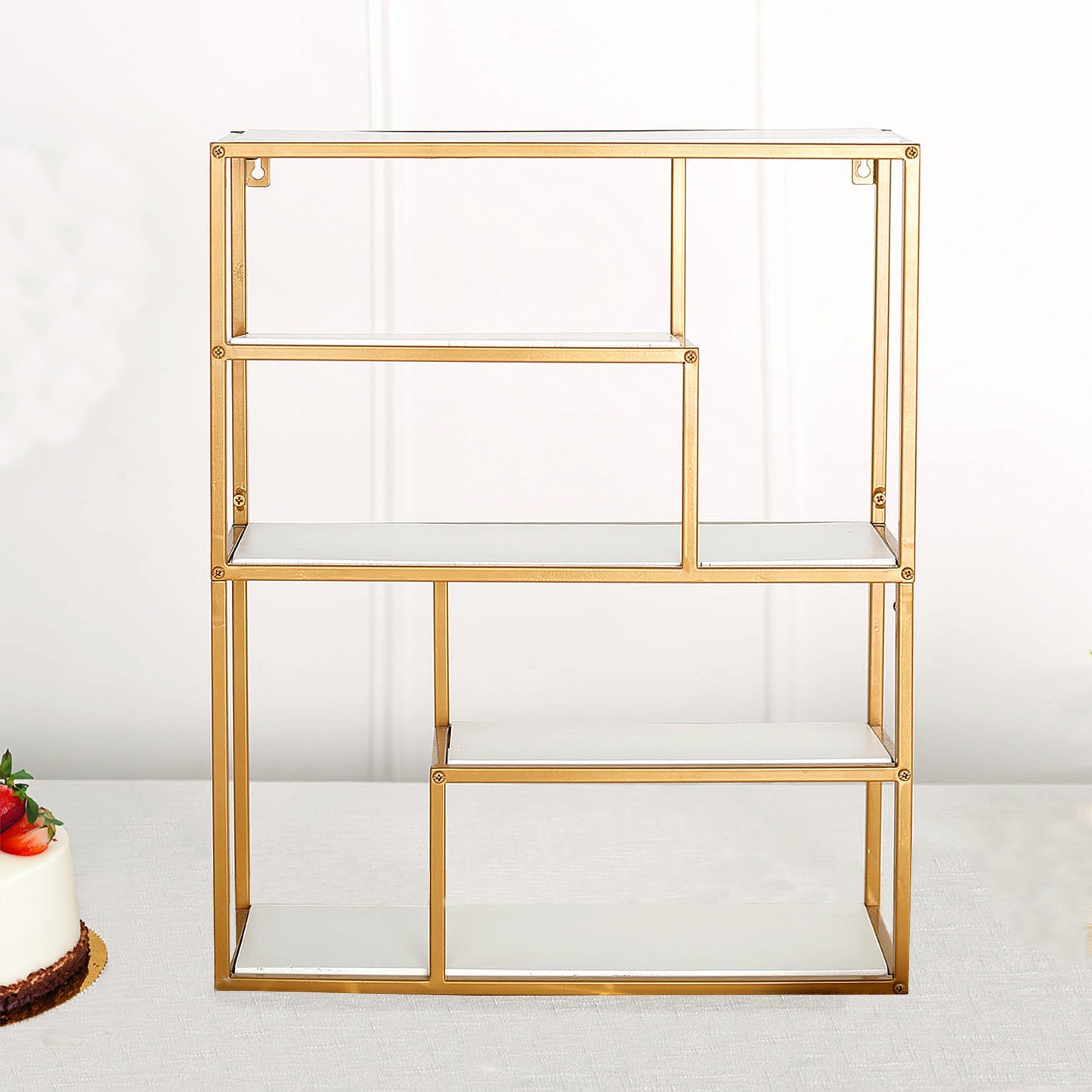 22" Gold Metal 4-Tier Dessert Cupcake Stand, Wall Hanging Shelf Display Rack, Book Shelf With White Wood Panels