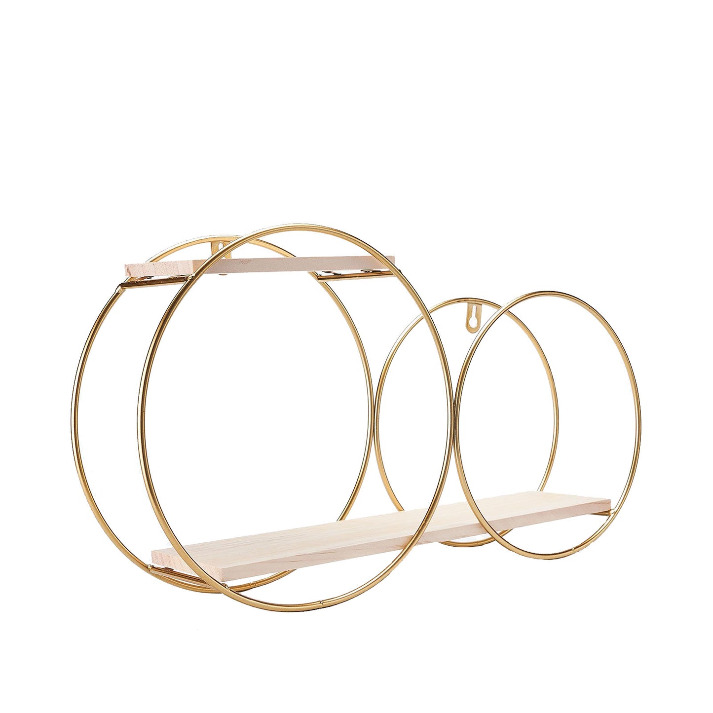 Gold 2-tier round floating shelf with double hoop design for dessert display.