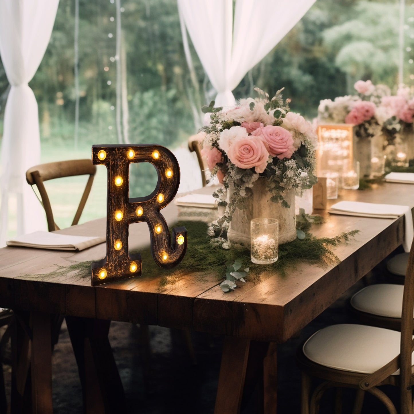 Antique Black Industrial Style LED Marquee Alphabet Letter Sign "R", 9" Vintage Style Light Up Letter