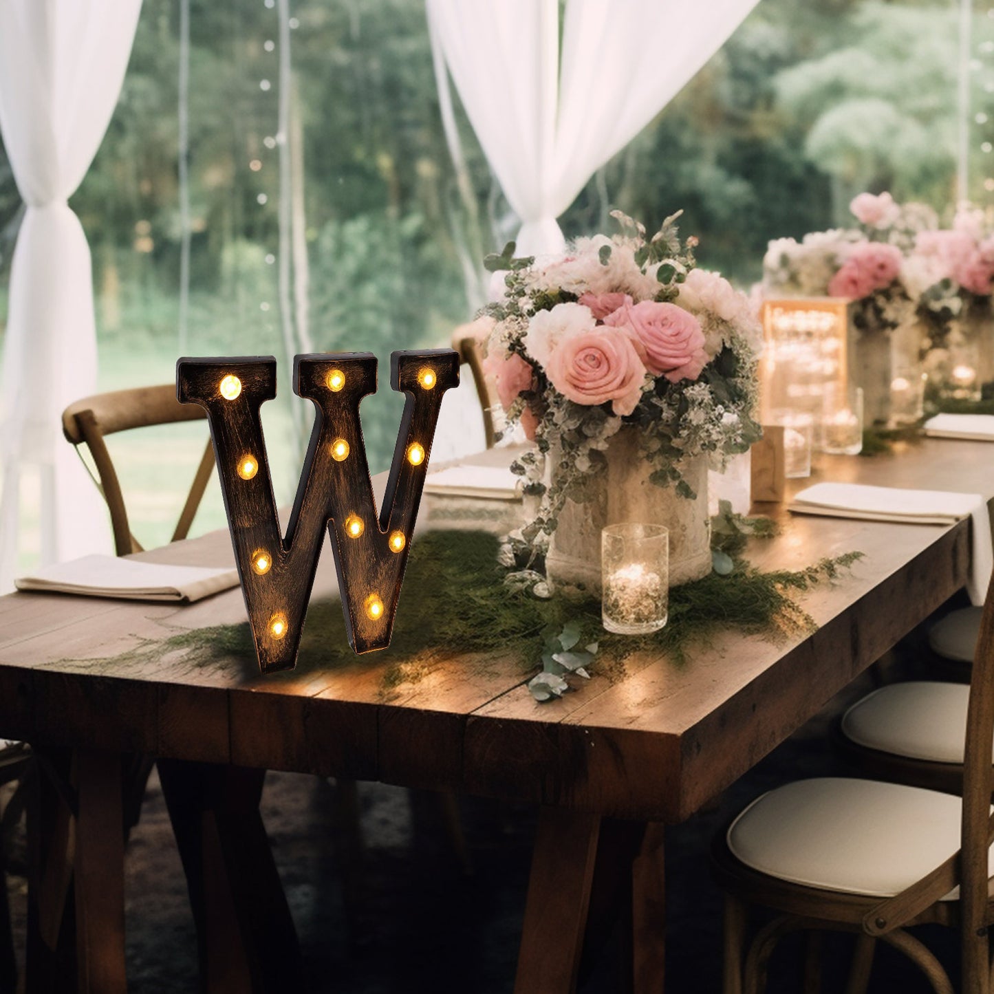 Antique Black Industrial Style LED Marquee Alphabet Letter Sign "W", 9" Vintage Style Light Up Letter