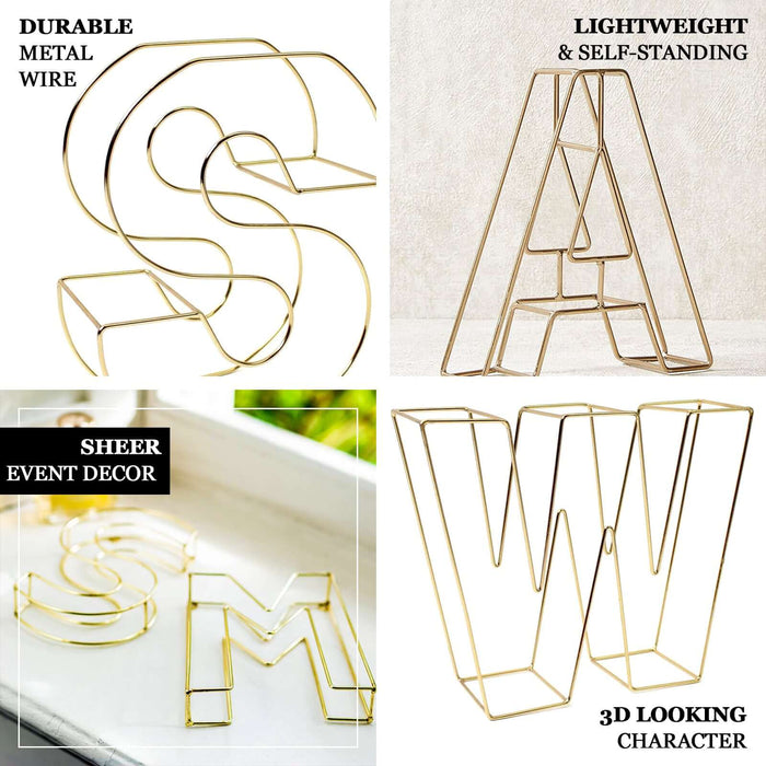 Gold freestanding 3D decorative wire letter 'I' for wedding centerpiece.