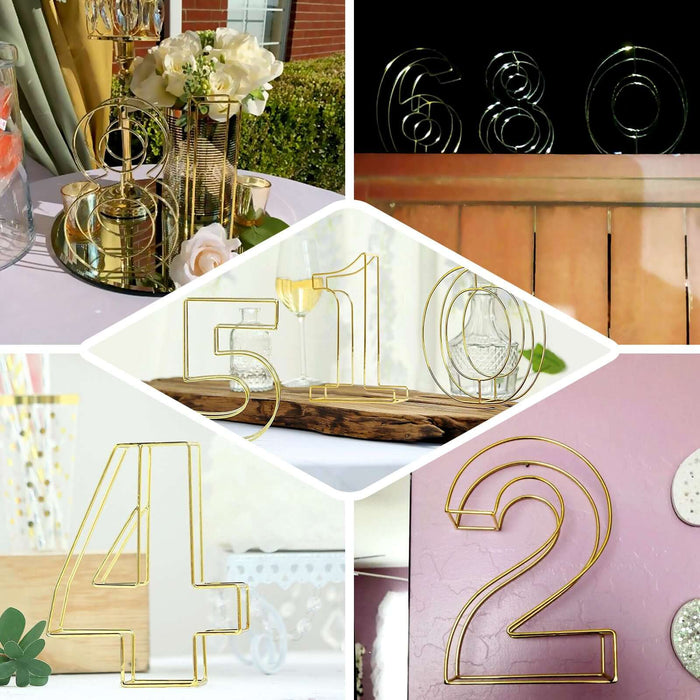 Gold freestanding 3D decorative metal wire table numbers for weddings.
