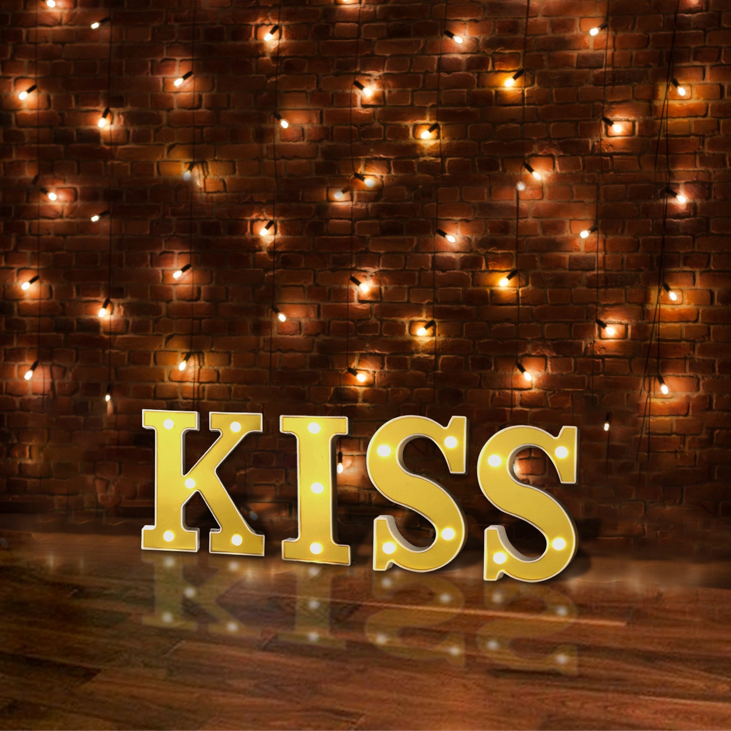 6" Gold 3D marquee letters "KISS" with warm white LED lights.