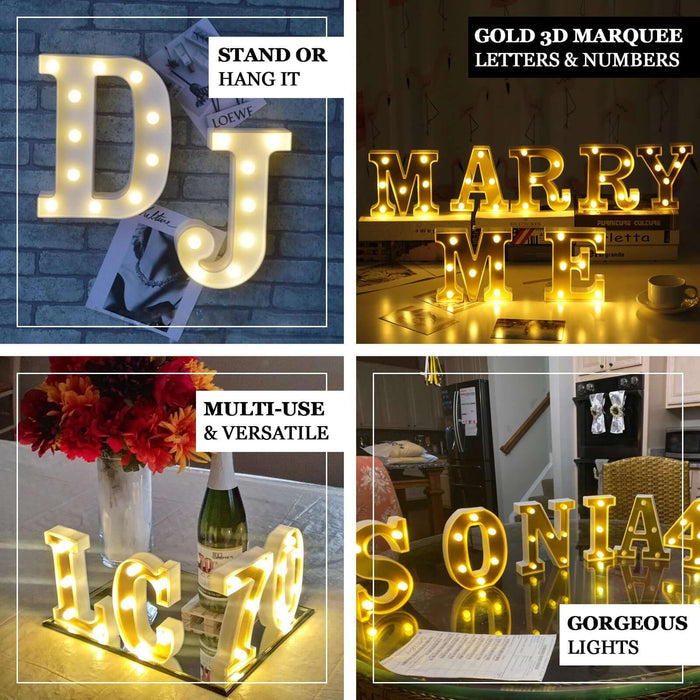 Gold 3D marquee numbers with warm white LED lights.