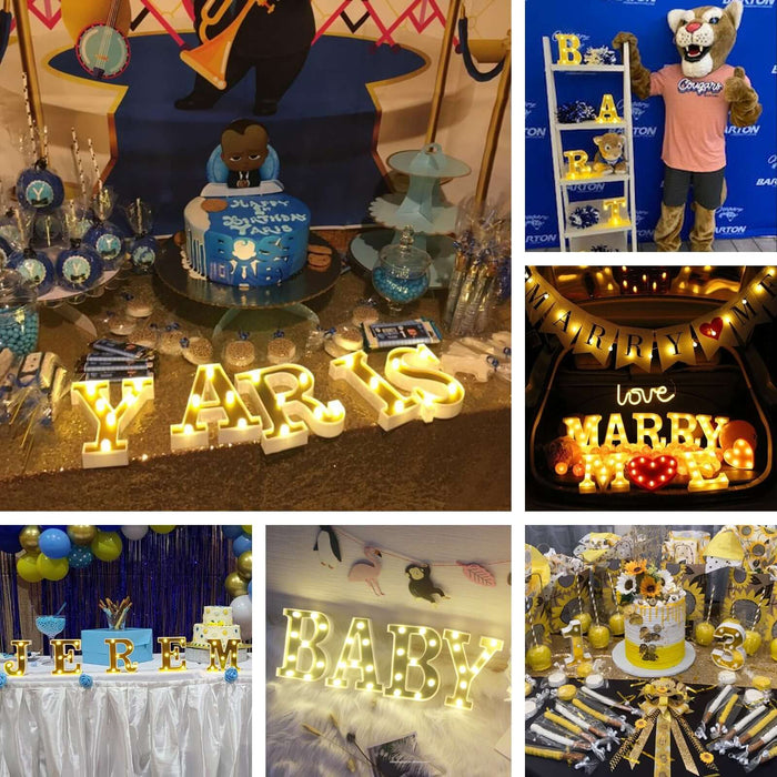 Gold 3D marquee numbers lit with warm white LED lights for celebrations.
