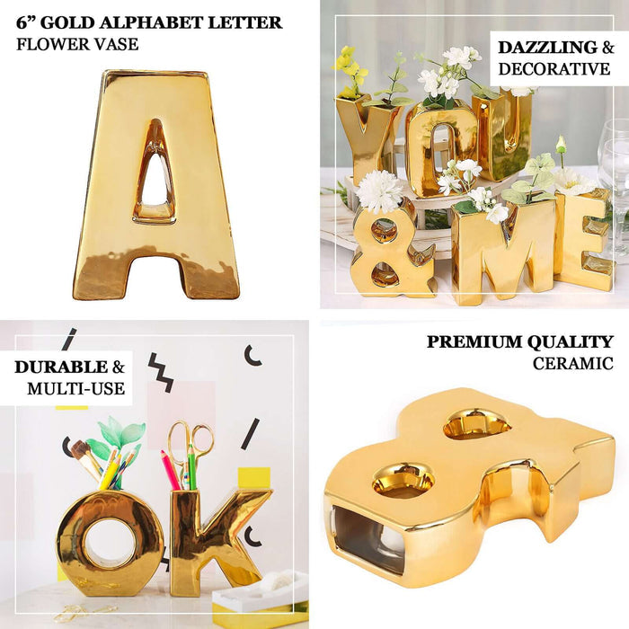 6" Shiny Gold Plated Ceramic Letter "V" Sculpture Flower Vase, Bud Planter Pot Table Centerpiece