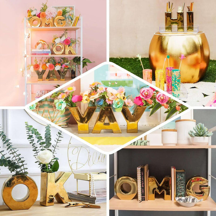 6" Shiny Gold Plated Ceramic Letter "J" Sculpture Flower Vase, Bud Planter Pot Table Centerpiece