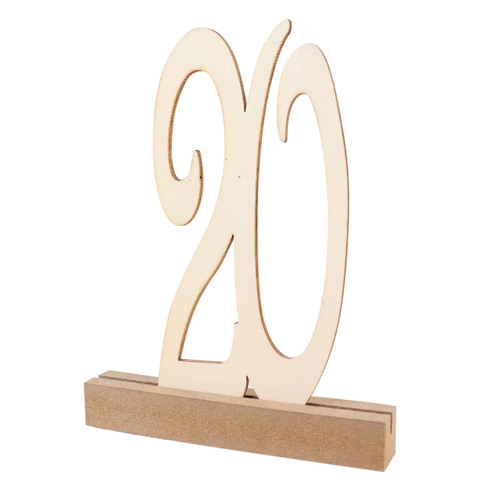 Natural wooden wedding table number 20 with holder base.