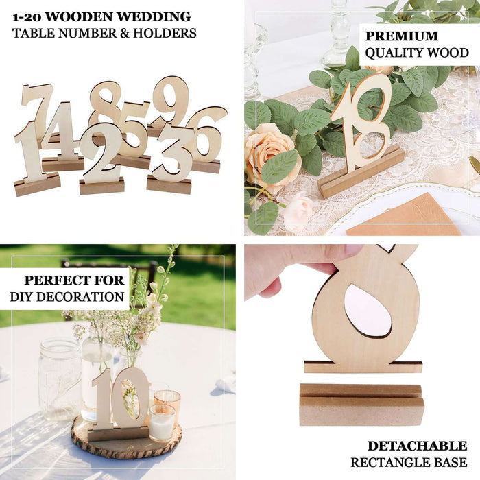 Natural wooden wedding table numbers set with holder base.