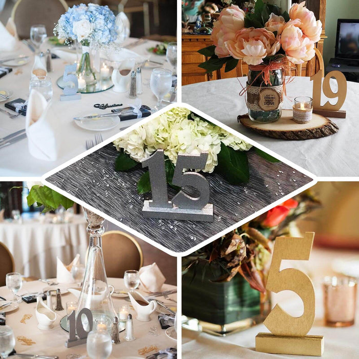 Natural wooden wedding table numbers set with holder base.