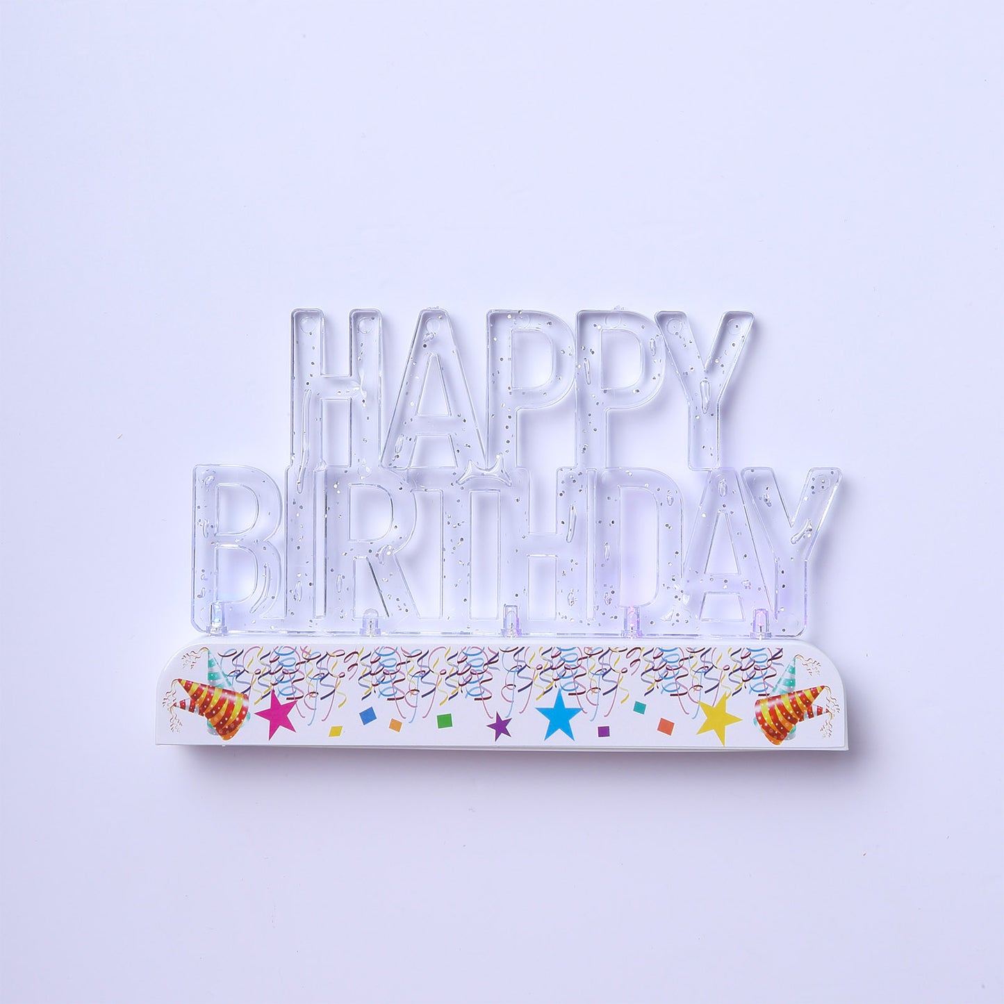 Clear acrylic multicolor flashing LED Happy Birthday cake topper.