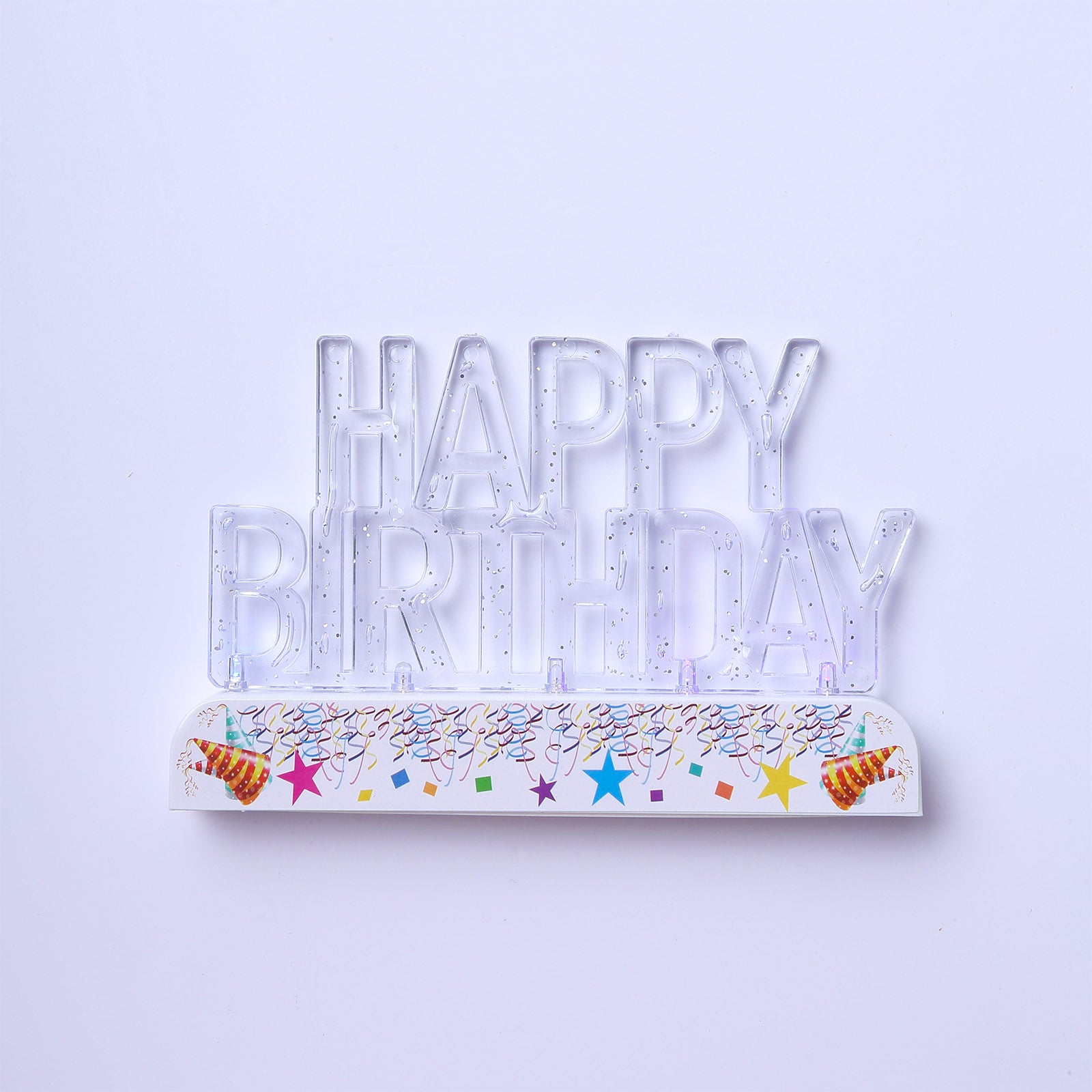 Clear acrylic multicolor flashing LED Happy Birthday cake topper.