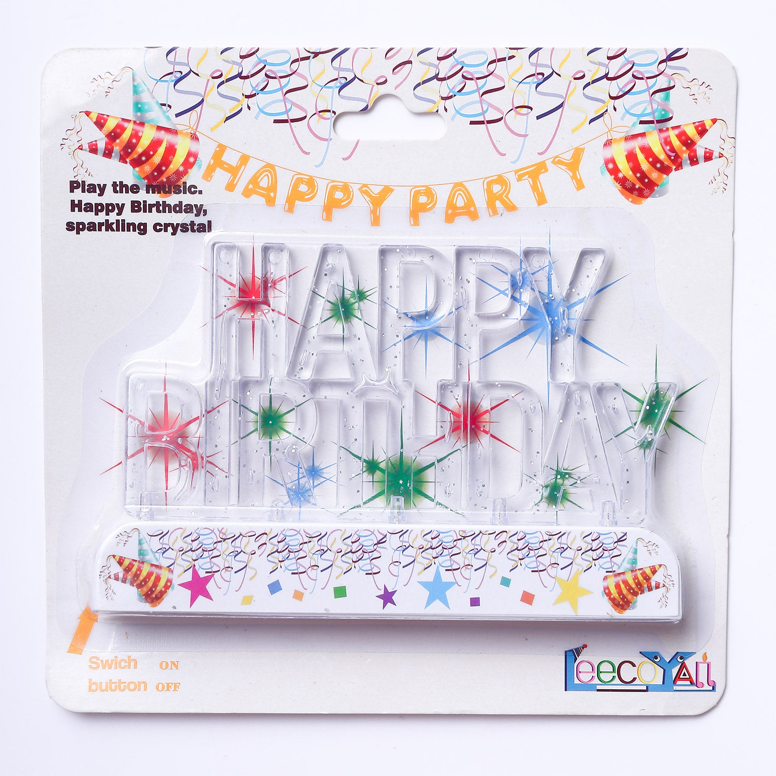 Clear acrylic multicolor flashing LED birthday cake topper with stars and confetti.