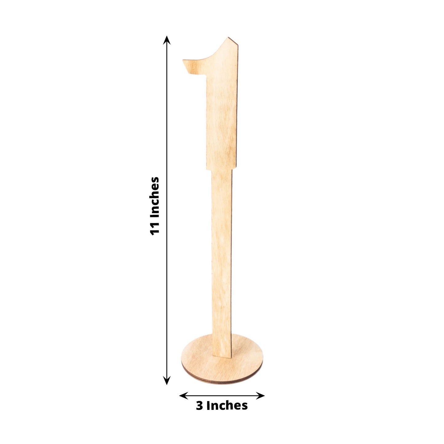 Natural wooden wedding table number sign, 11" tall with round base.
