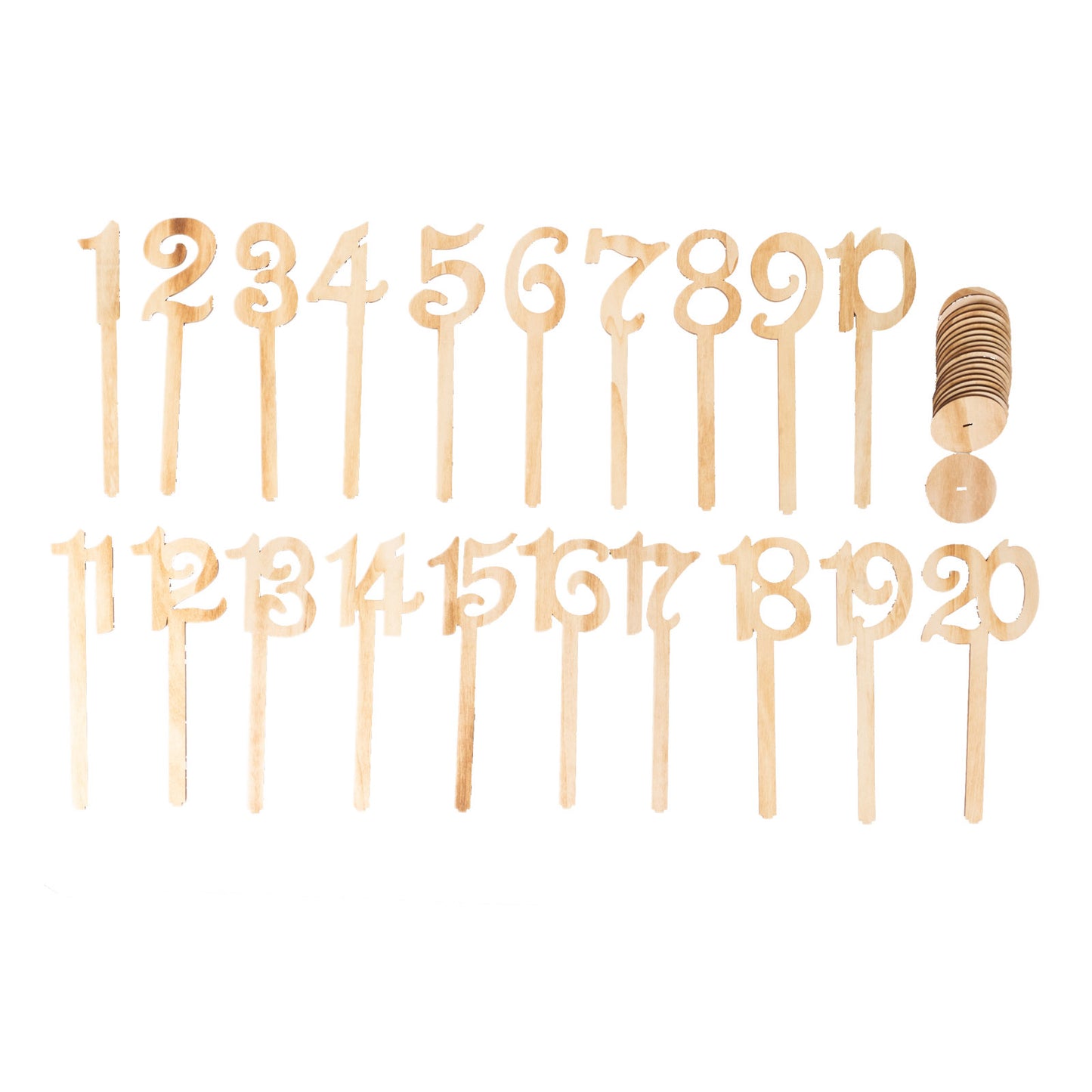 Natural wooden wedding table numbers set on sticks with round base.