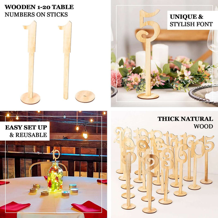 Natural wooden wedding table numbers on sticks, 11" tall rustic signs.