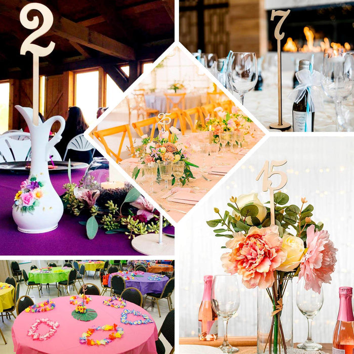 Natural wooden wedding table numbers on sticks, rustic style, 11" tall.