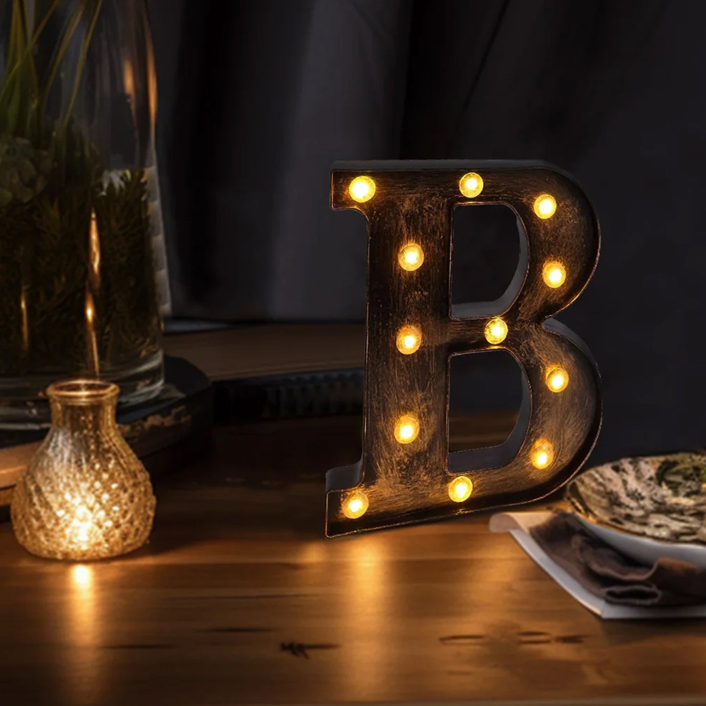 Antique Black Industrial Style LED Marquee Alphabet Letter Sign "B", 9" Vintage Style Light Up Letter