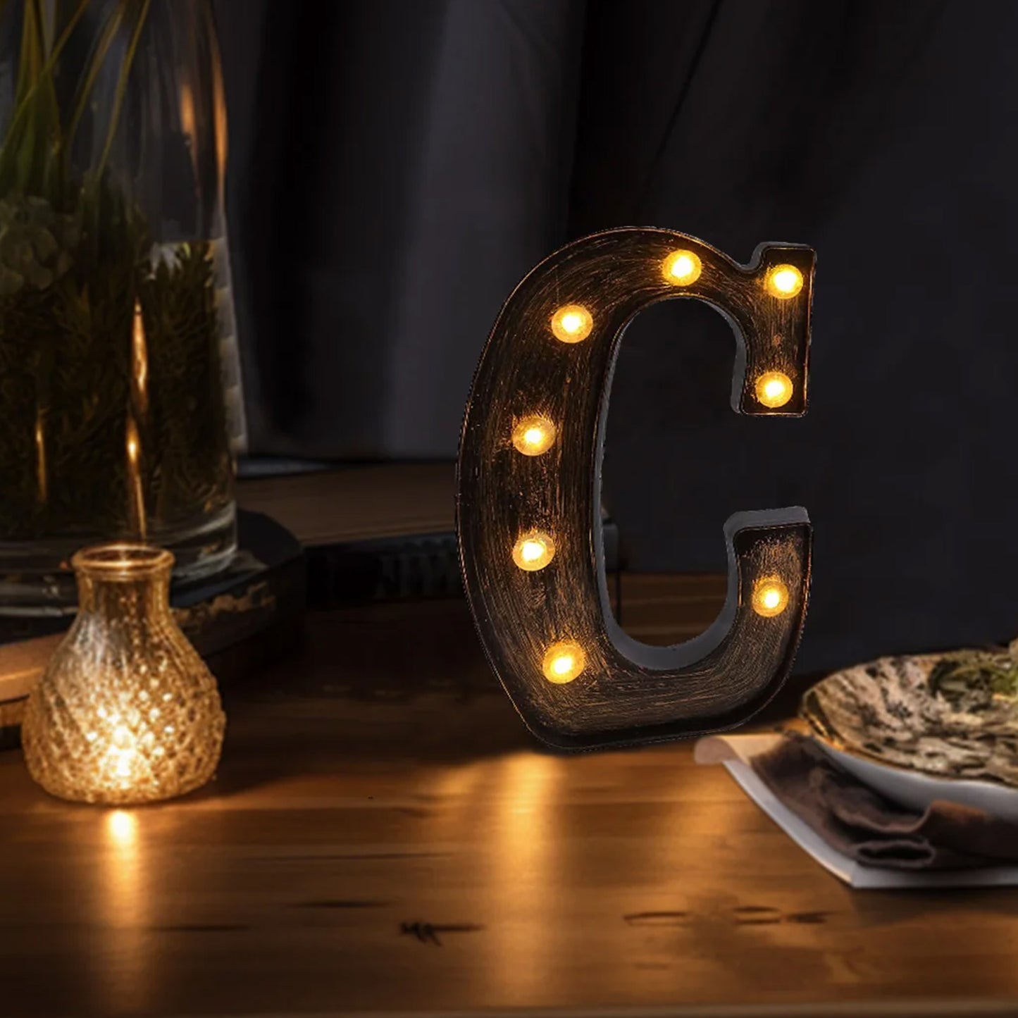 Antique Black Industrial Style LED Marquee Alphabet Letter Sign "C", 9" Vintage Style Light Up Letter