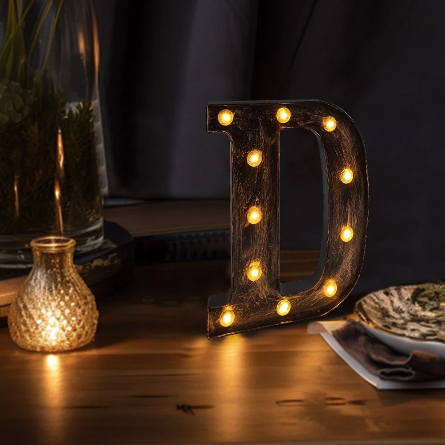 Antique Black Industrial Style LED Marquee Alphabet Letter Sign "D", 9" Vintage Style Light Up Letter