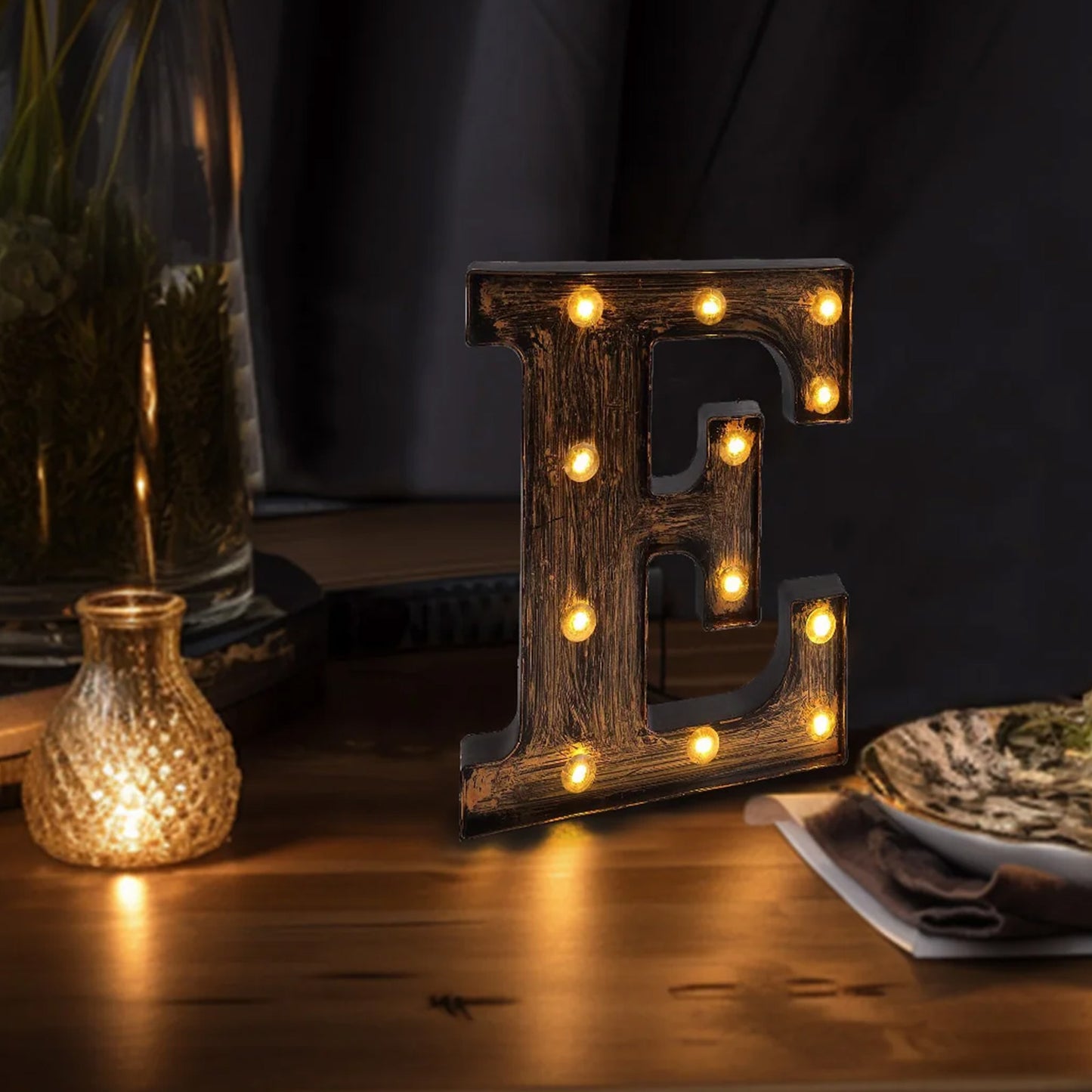 Antique Black Industrial Style LED Marquee Alphabet Letter Sign "E", 9" Vintage Style Light Up Letter