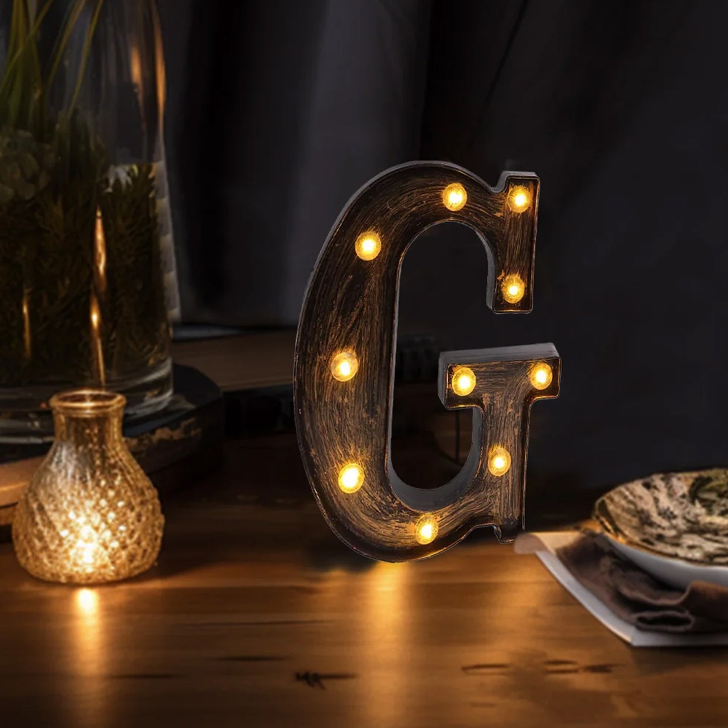 Antique Black Industrial Style LED Marquee Alphabet Letter Sign "G", 9" Vintage Style Light Up Letter