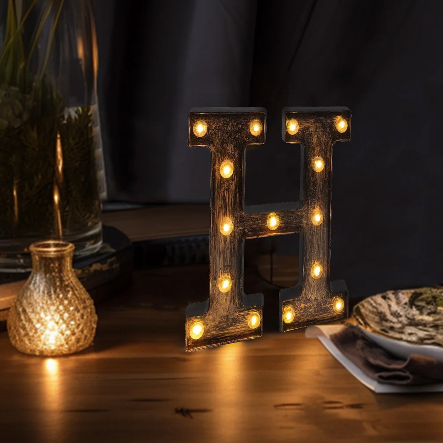 Antique Black Industrial Style LED Marquee Alphabet Letter Sign "H", 9" Vintage Style Light Up Letter