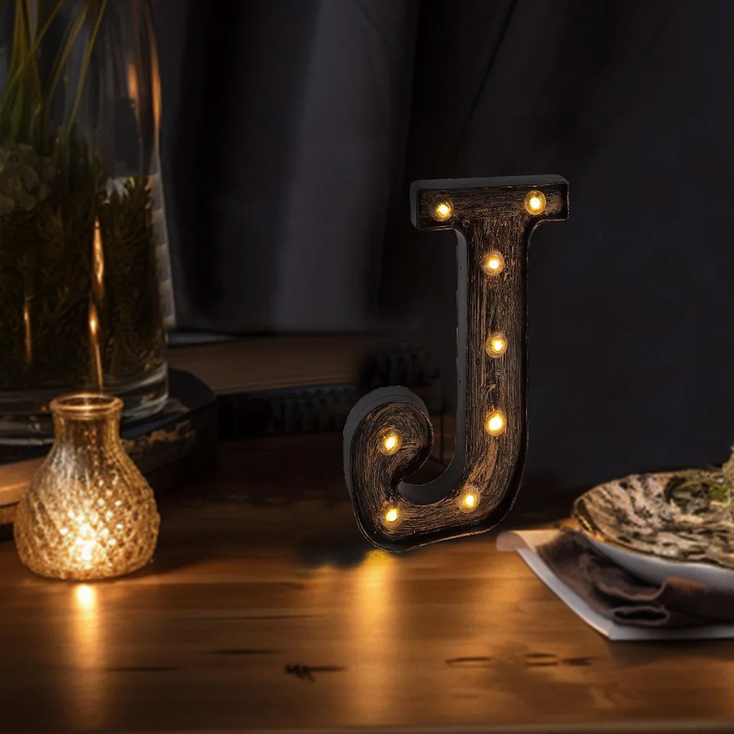 Antique Black Industrial Style LED Marquee Alphabet Letter Sign "J", 9" Vintage Style Light Up Letter